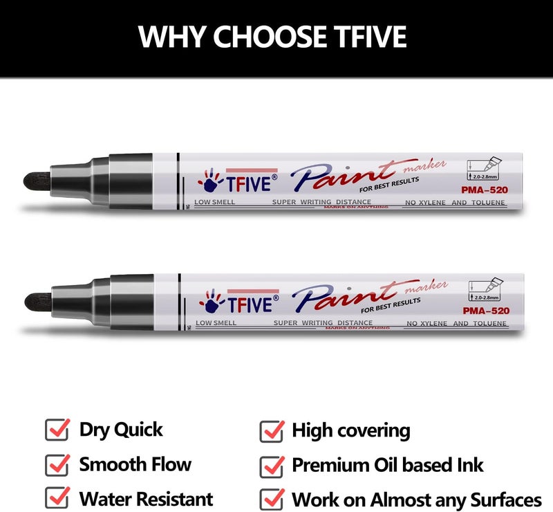 TFIVE Black Permanent Paint Marker Pens - 2 Count Oil Based Marker Pen, Medium Tip, Waterproof & Quick Dry, for Office, Art projects, Rock Painting, Ceramic, Glass, Wood, Plastic, Metal, Canvas - Image 2